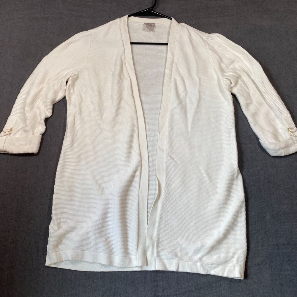 Chicos White Cardigan Sweater Cotton 3/4 Sleeve Ribbed Knit Design Womens sz 1 M
